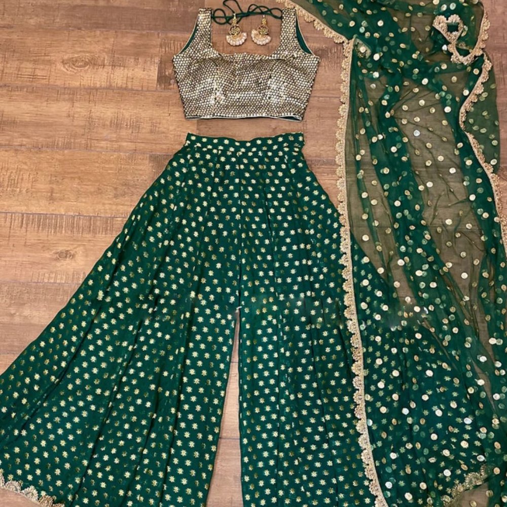 Designer Indowestern Blouse With Palazzo Sharara And Dupatta, Inian Wedding Mehe